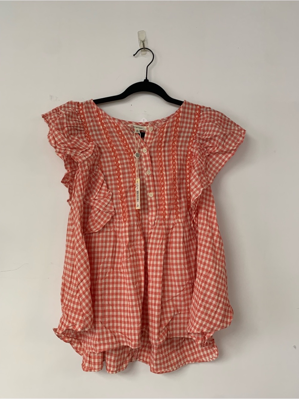 Max Studios Women’s Red Gingham Ruffle Sleeve Blouse